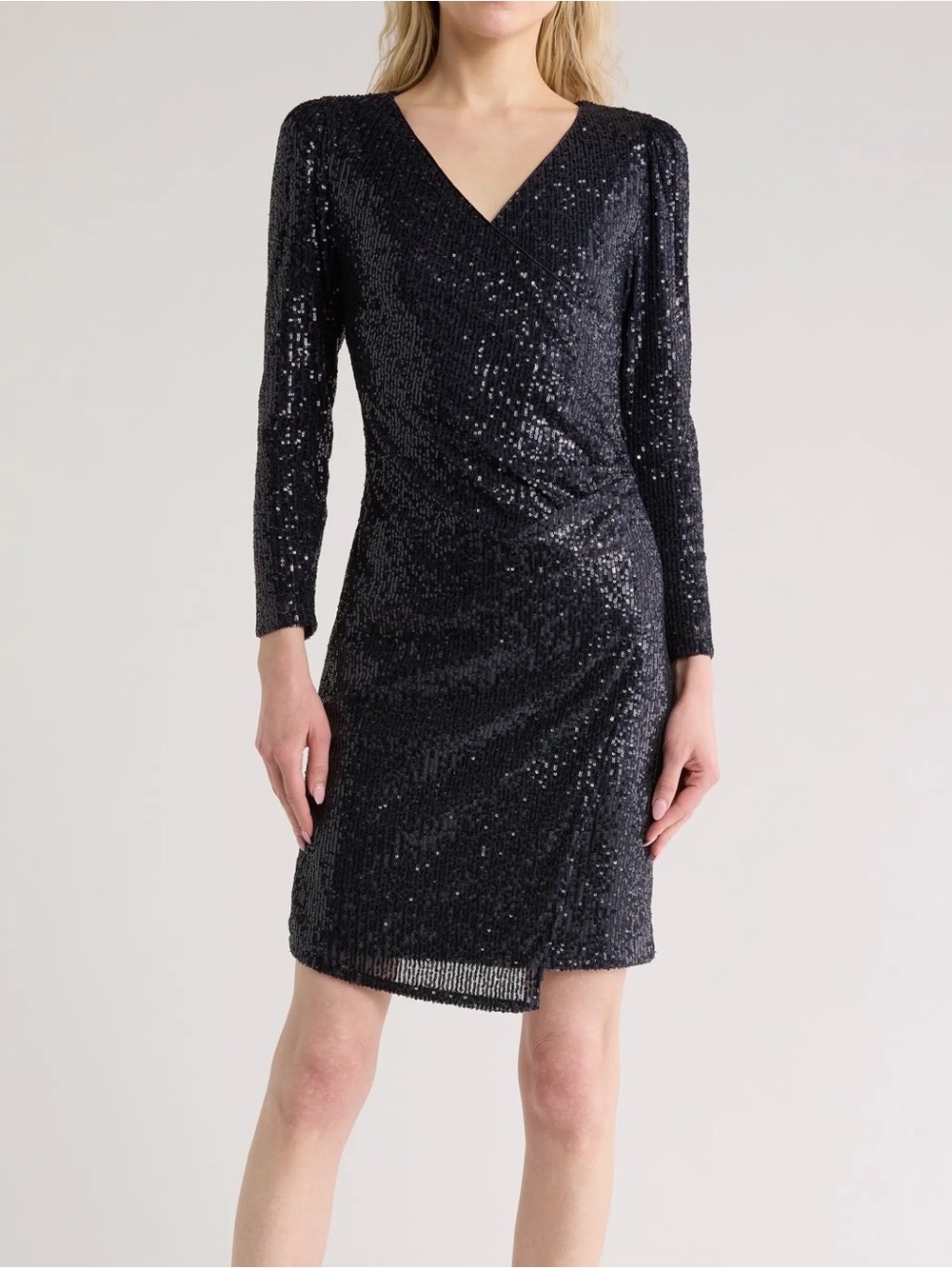 Nanette Lepore Black Sequin Wrap-Style Long Sleeve Dress